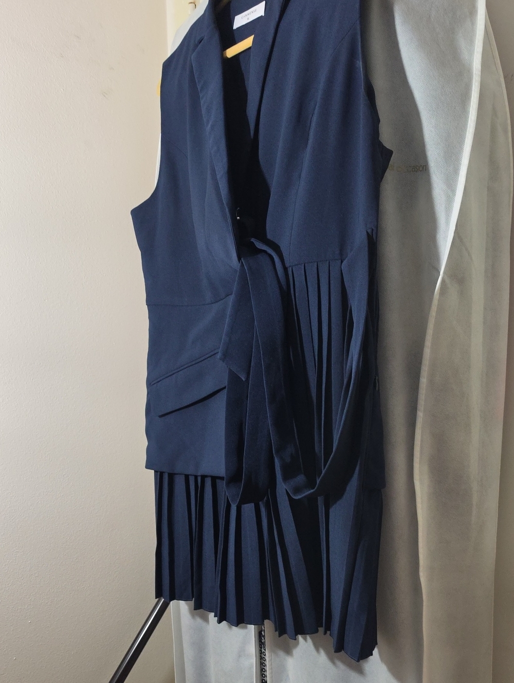 Commense Navy Sleeveless Pleated Tie-Waist Dress